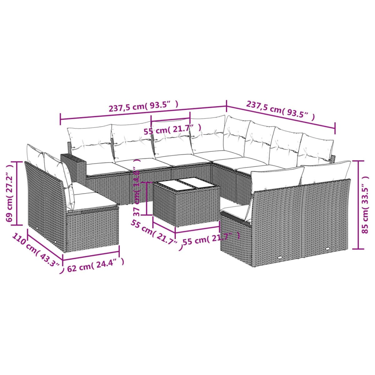 Un diagramma di un divano angolare in rattan con dimensioni in centimetri e pollici.