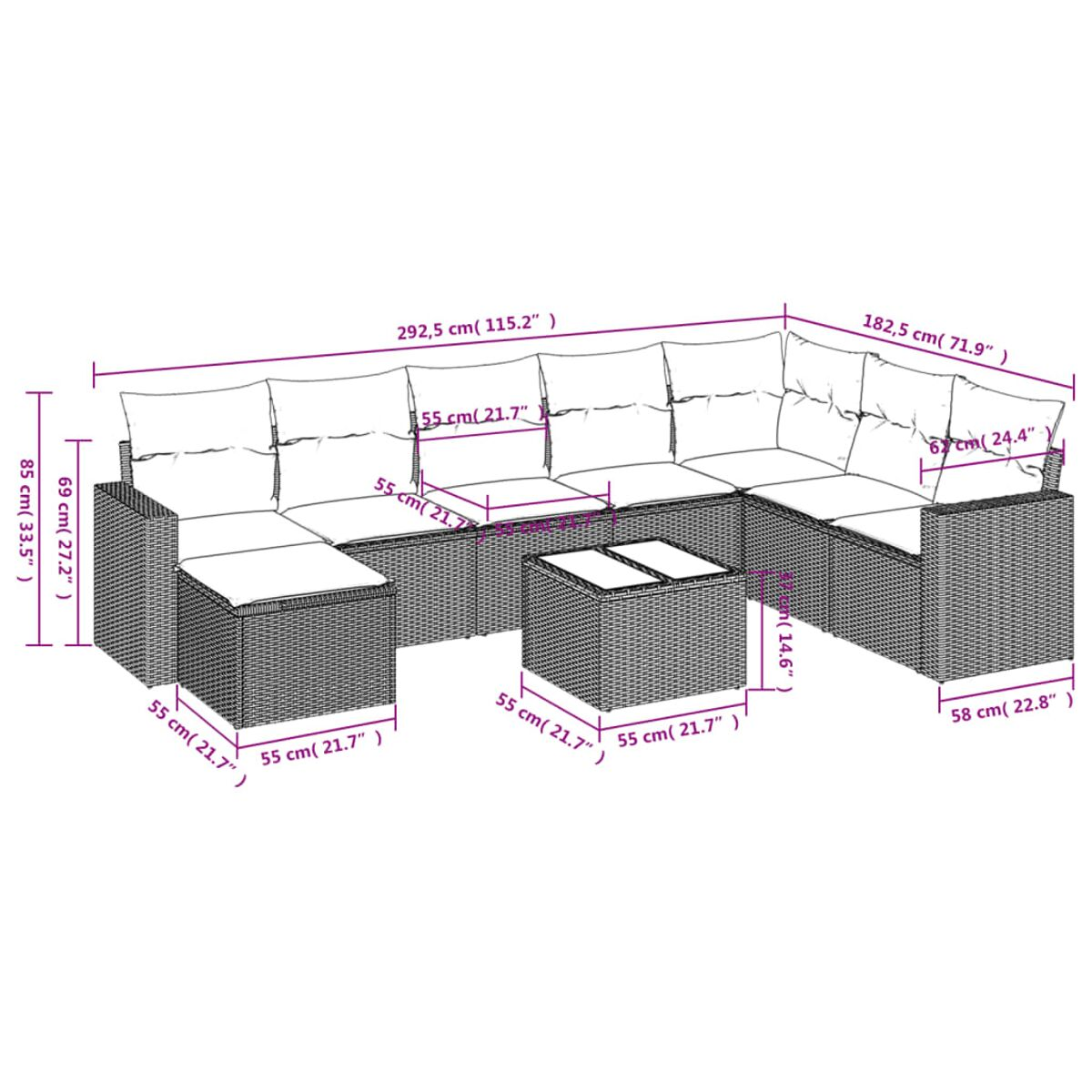 Diagramma di un divano componibile, pouf e tavolo con dimensioni.