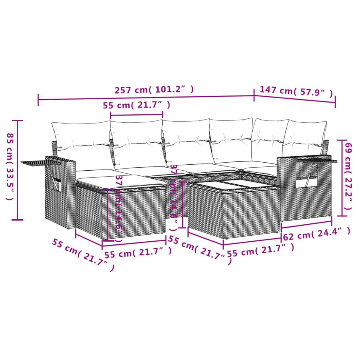 Detaillierte Diagramm des schwarzen Outdoor-Ecksofa-Sets aus Rattan mit Maßen.