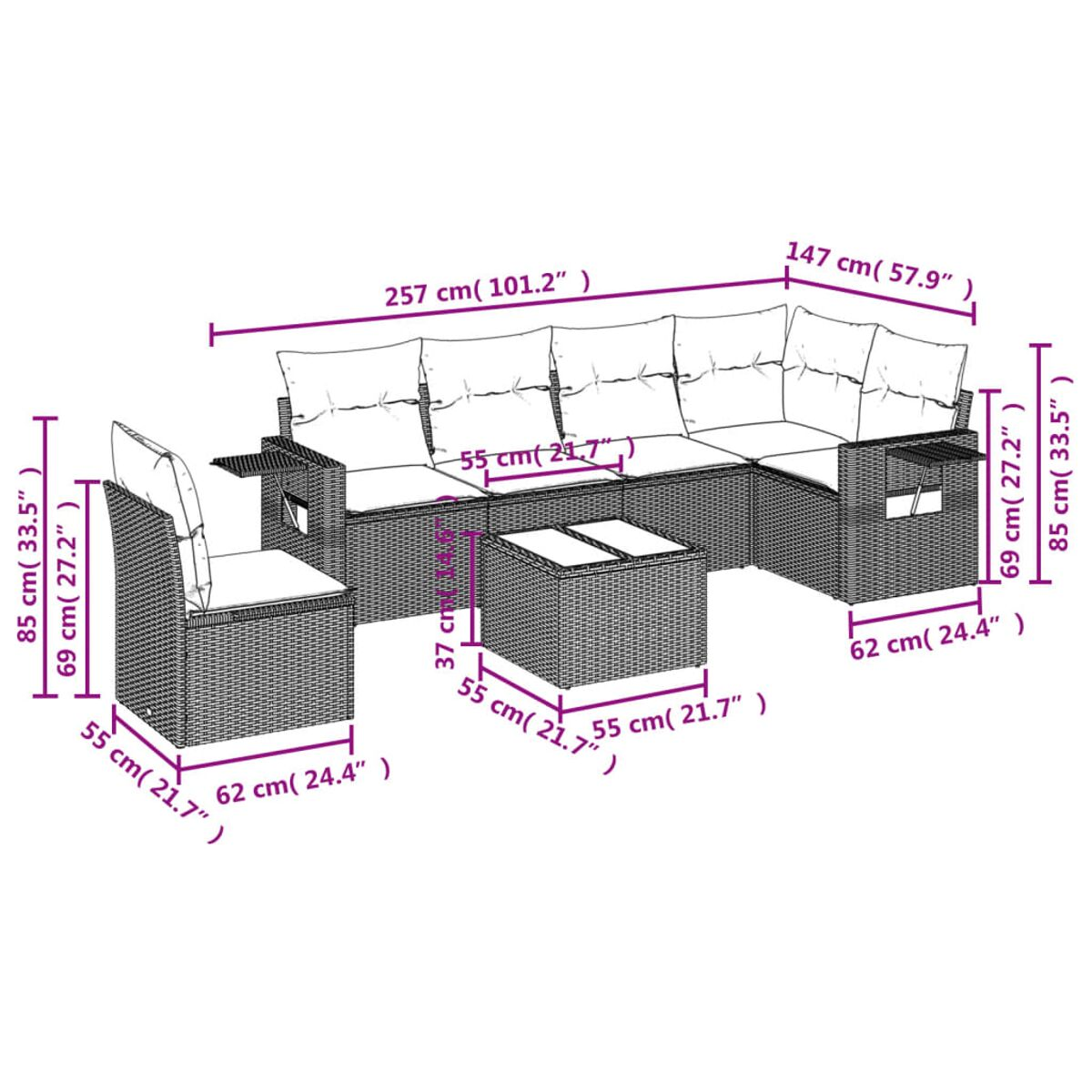 Diagramma di un divano angolare beige, un tavolo e una sedia con dimensioni in centimetri.
