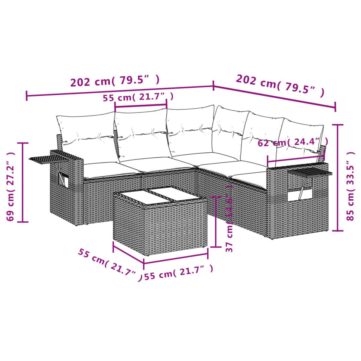 Conjunto de sofá de mimbre gris con dimensiones. Incluye mesa de centro.