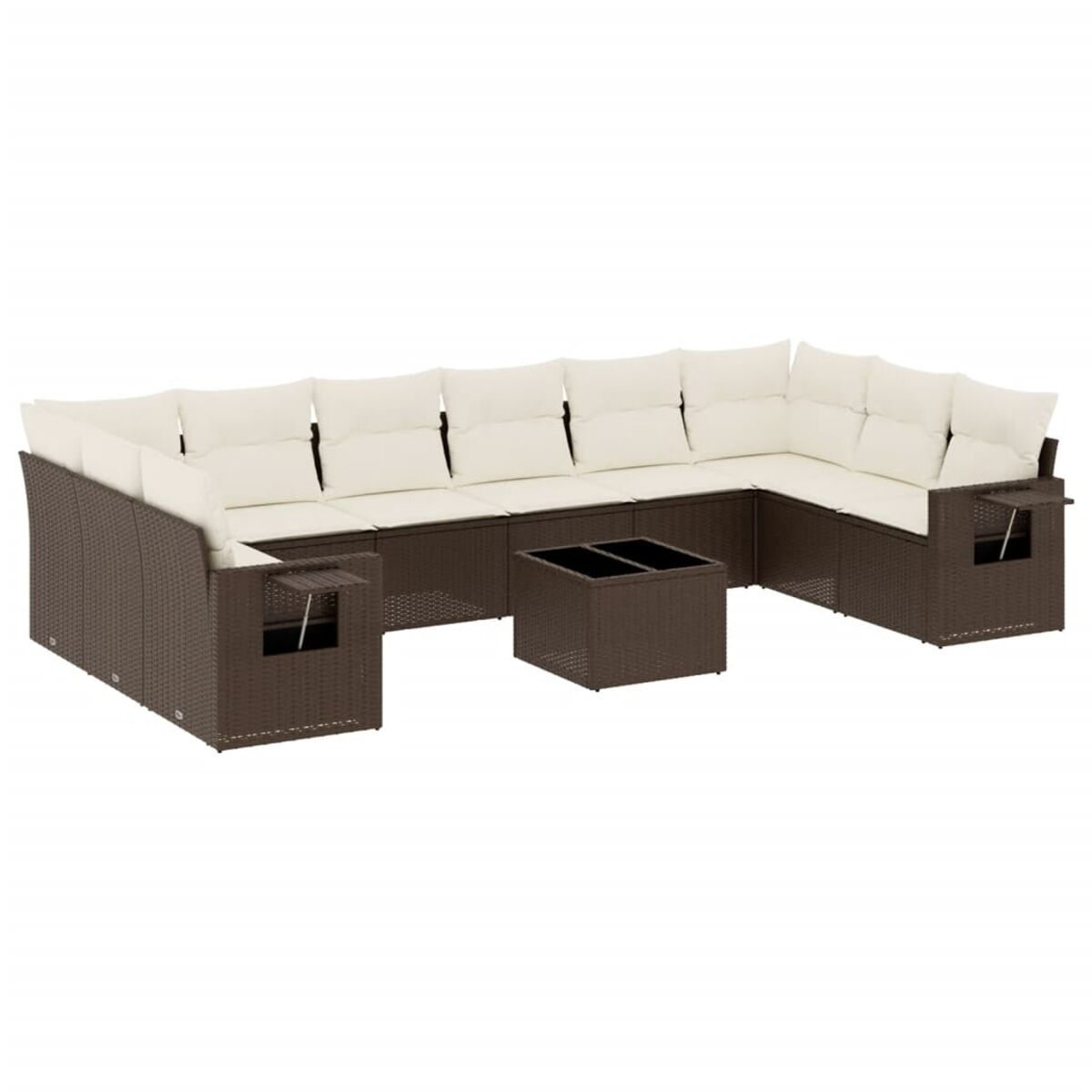 Set mobili da esterno in vimini marrone con cuscini beige, divano angolare, tavolo e tavolini.