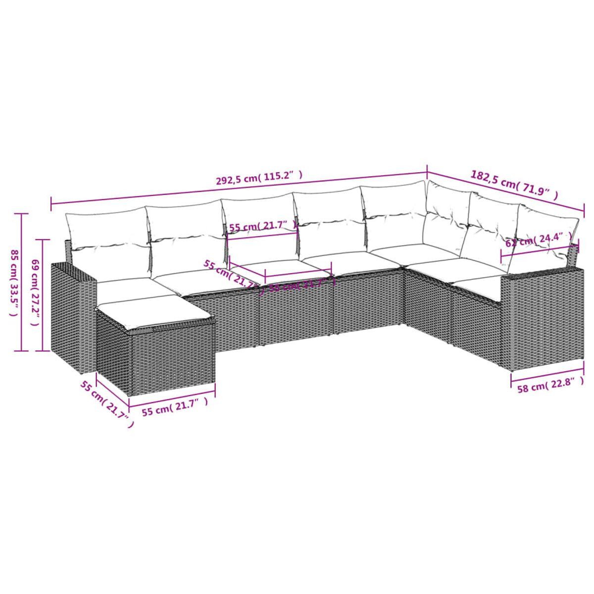 Diagramma di un grande divano componibile in rattan con cuscini bianchi, con dimensioni etichettate.