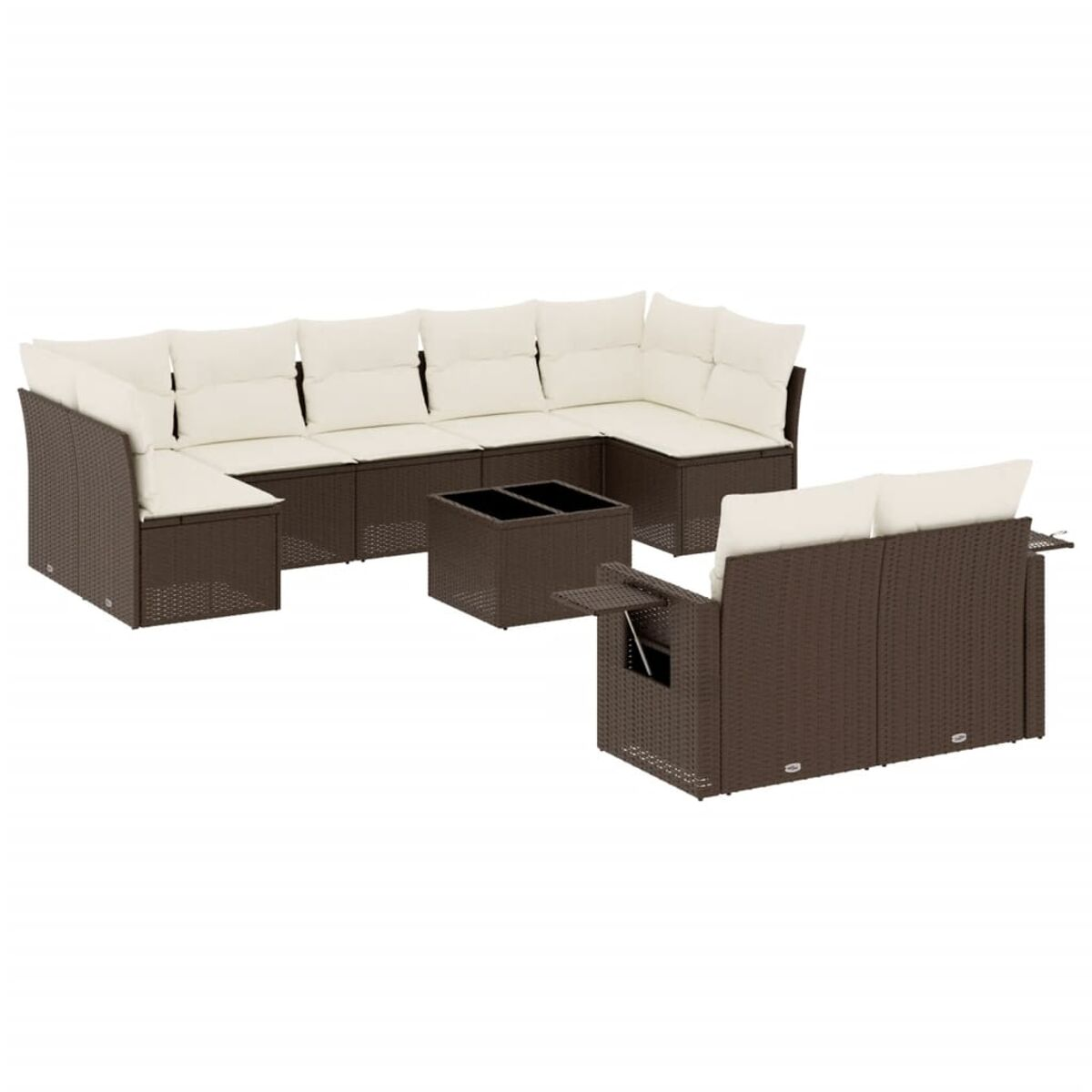 Un set da esterno in rattan marrone con cuscini bianchi. Include un divano componibile, un tavolino e sedie.