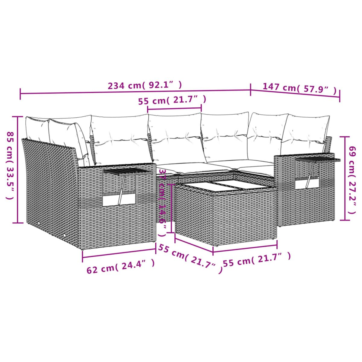 Diagramm mit den Abmessungen eines Korbmöbel-Sets, einschließlich Ecksofa und Couchtisch.