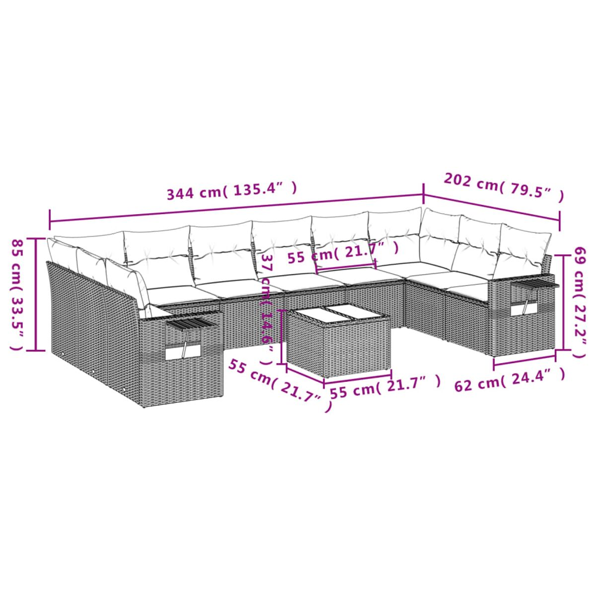 Diagramma di un divano angolare con dimensioni in cm e pollici. Mostra le dimensioni.