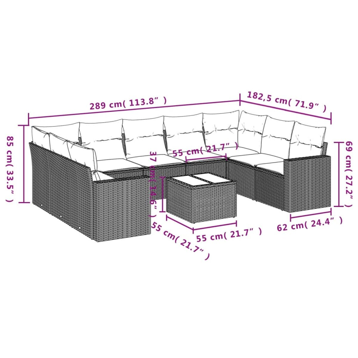Diagramma di un set divani per esterni con dimensioni in centimetri e pollici.