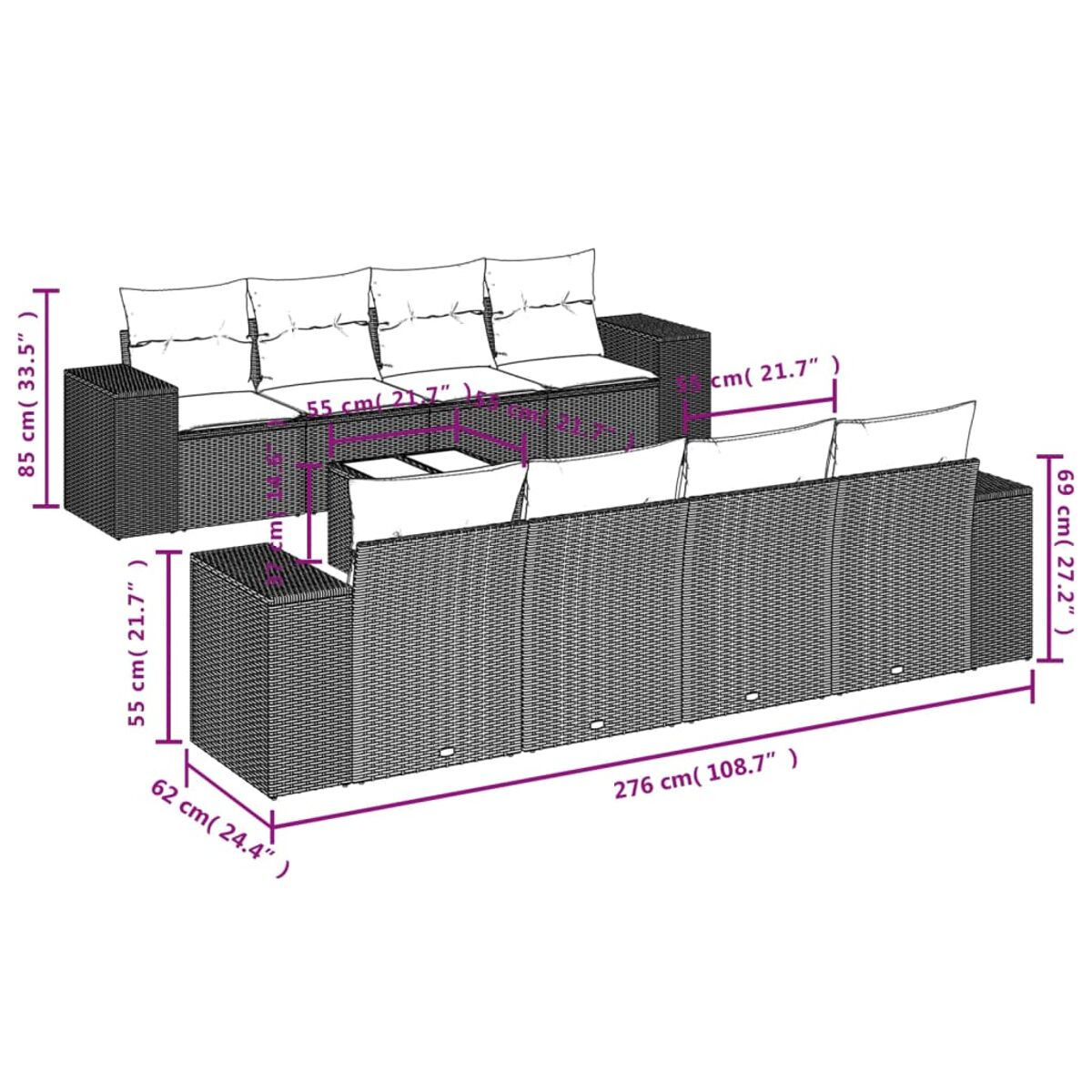 Diagramm mit Abmessungen eines großen Outdoor-Rattansofa-Sets mit weißen Kissen.