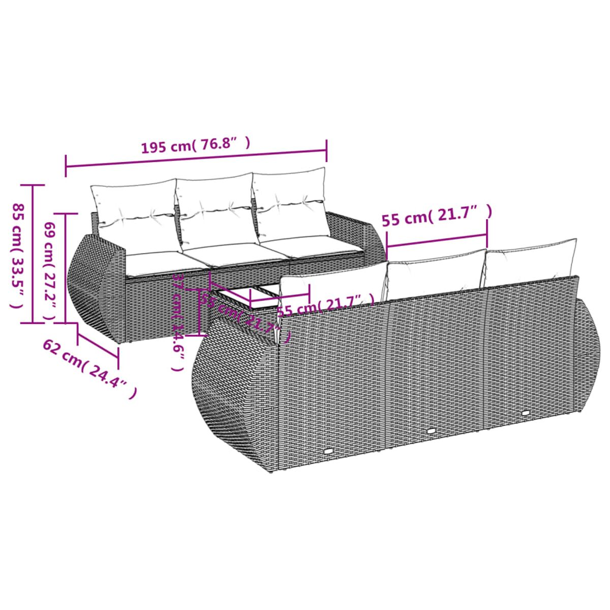 Set divano in rattan con dimensioni etichettate, su sfondo bianco.