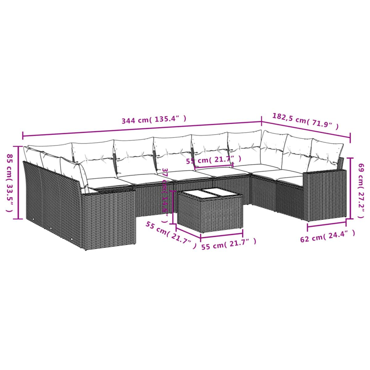 Ein Diagramm eines schwarzen Outdoor-Sofas aus Korbgeflecht mit Abmessungen in Zentimetern und Zoll.