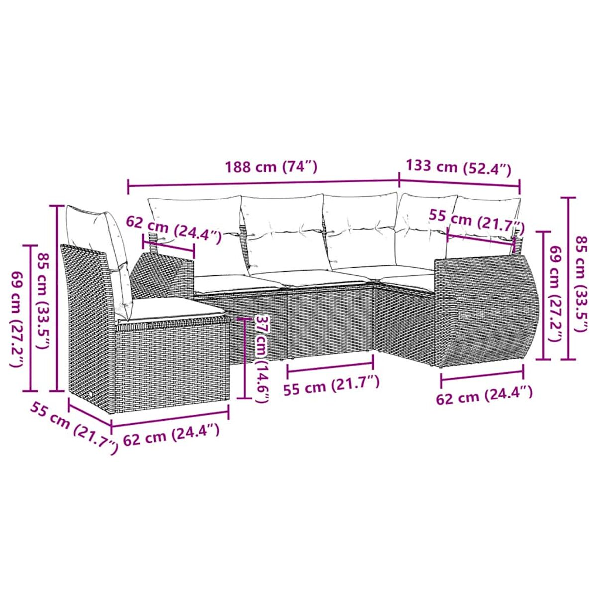 Diagramm eines Outdoor-Ecksofas mit Abmessungen.