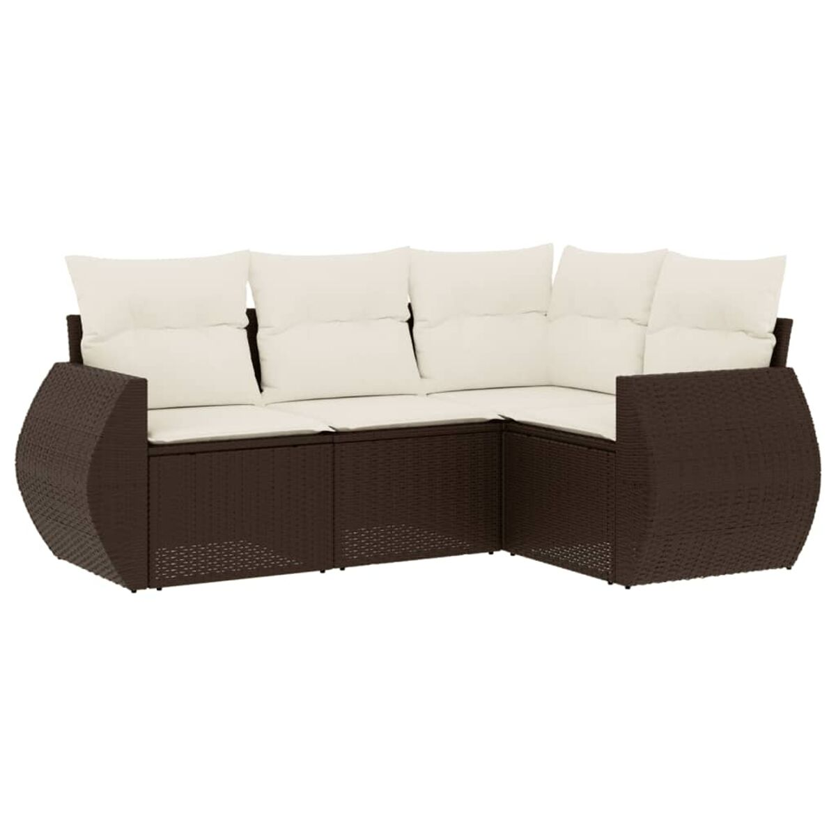 Divano angolare in rattan marrone con cuscini color crema. Braccioli curvi.