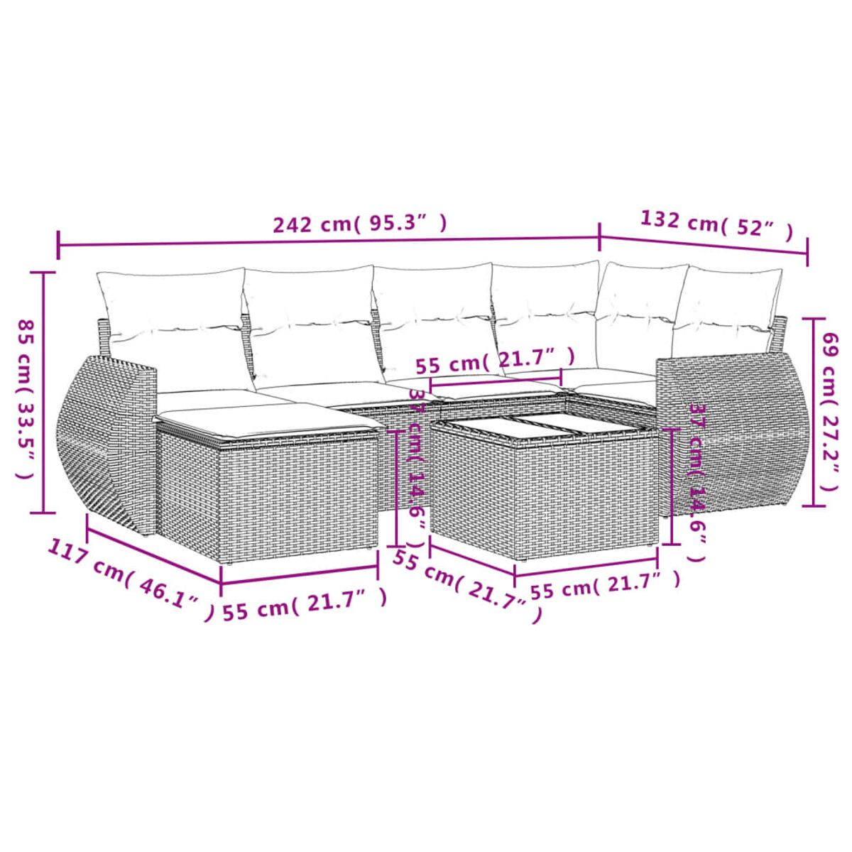 Schema di un divano in vimini grigio con pouf e dimensioni.