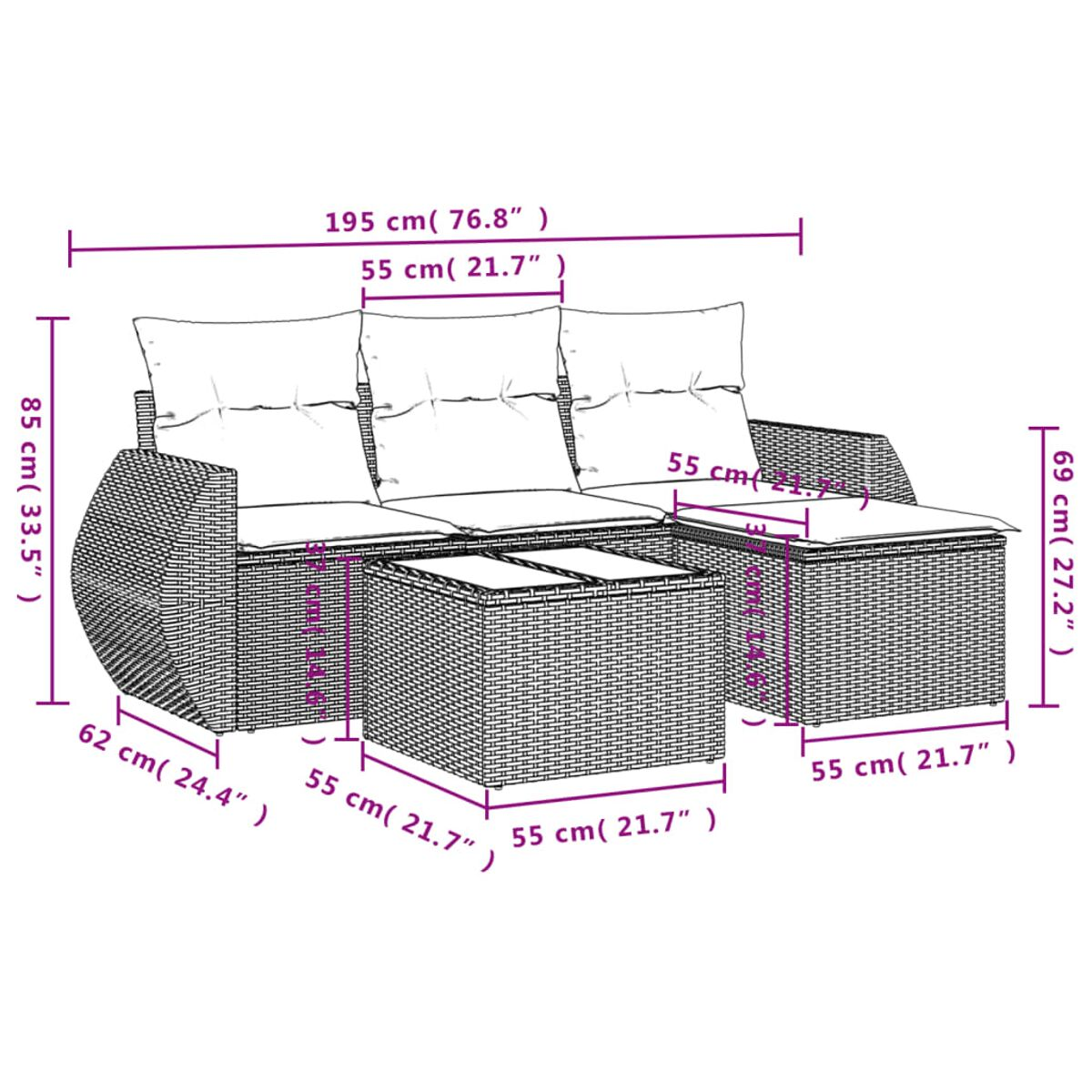 Diagramma di un divano in vimini con dimensioni e un tavolino.