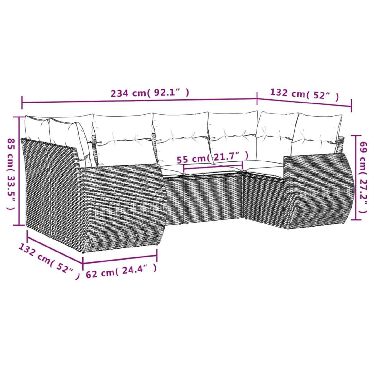 Diagramma che mostra le dimensioni di un grande divano componibile in rattan da esterno con cuscini bianchi.
