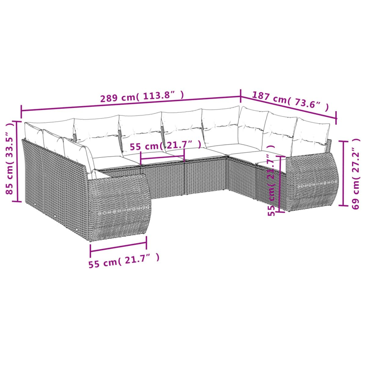 Diagramm eines schwarzen Ecksofas aus Korbgeflecht mit Abmessungen in cm und Zoll.