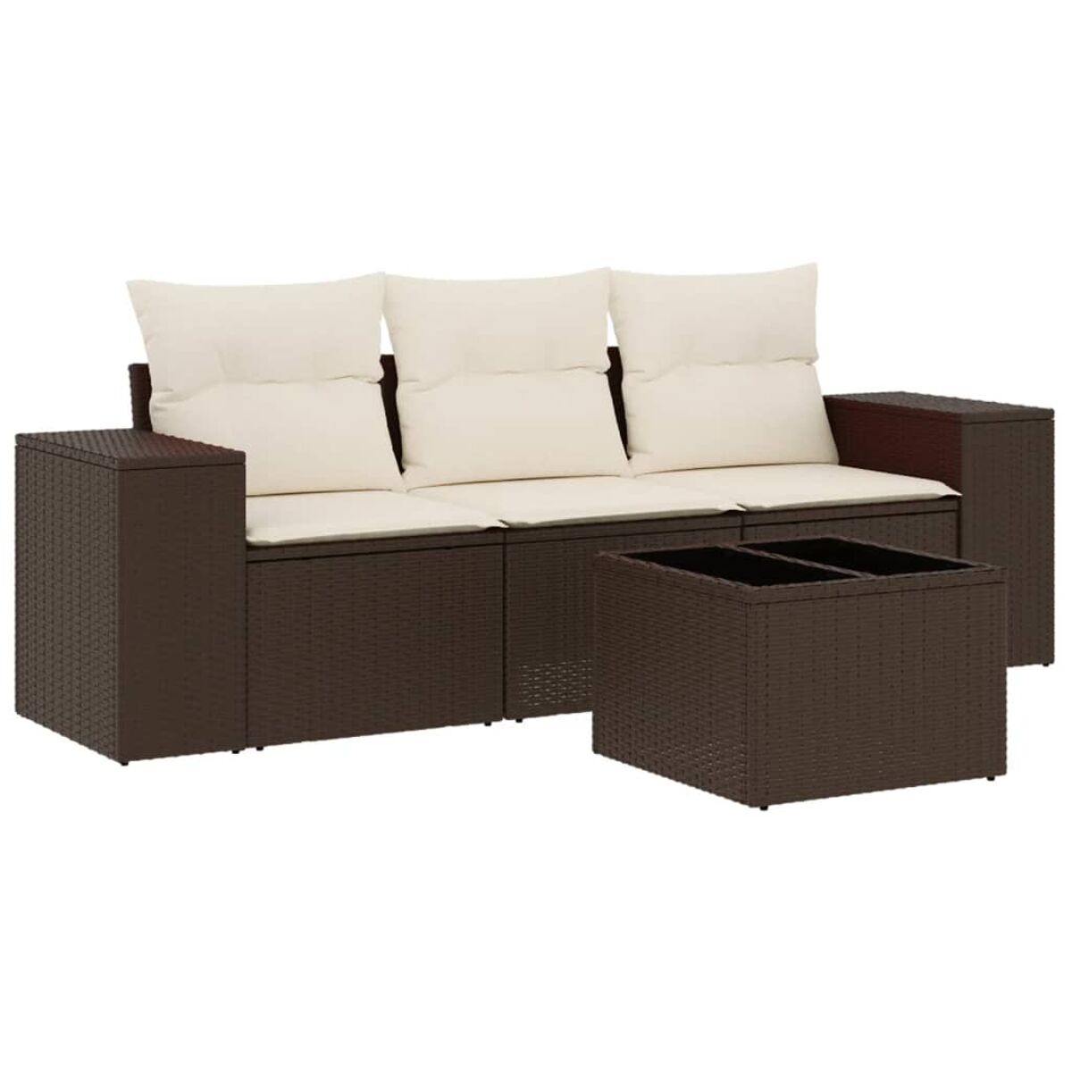 Divano in rattan marrone con cuscini color crema e tavolino quadrato. Include vano contenitore.