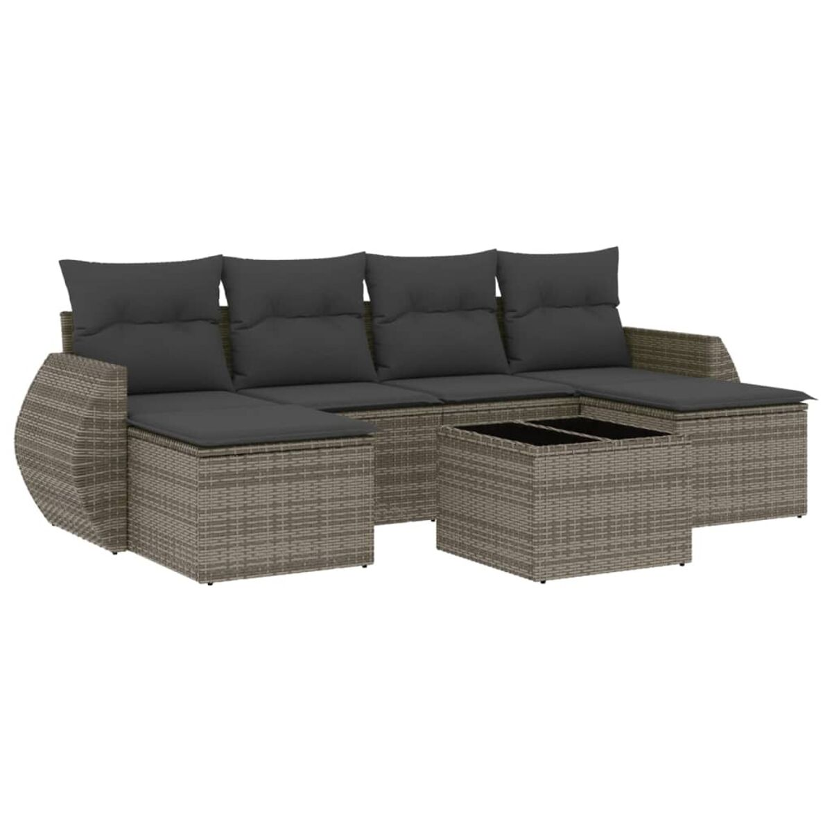 Graues Rattan-Outdoor-Ecksofa mit grauen Kissen und einem Couchtisch.