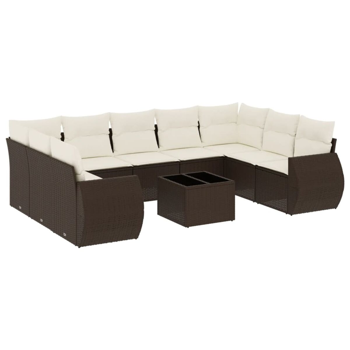 Set divano angolare in vimini marrone con cuscini crema e tavolino.