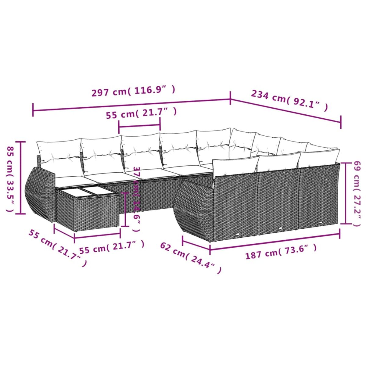 Diagramm mit Abmessungen eines Outdoor-Ecksofas und Couchtisches mit Maßen in cm und Zoll.