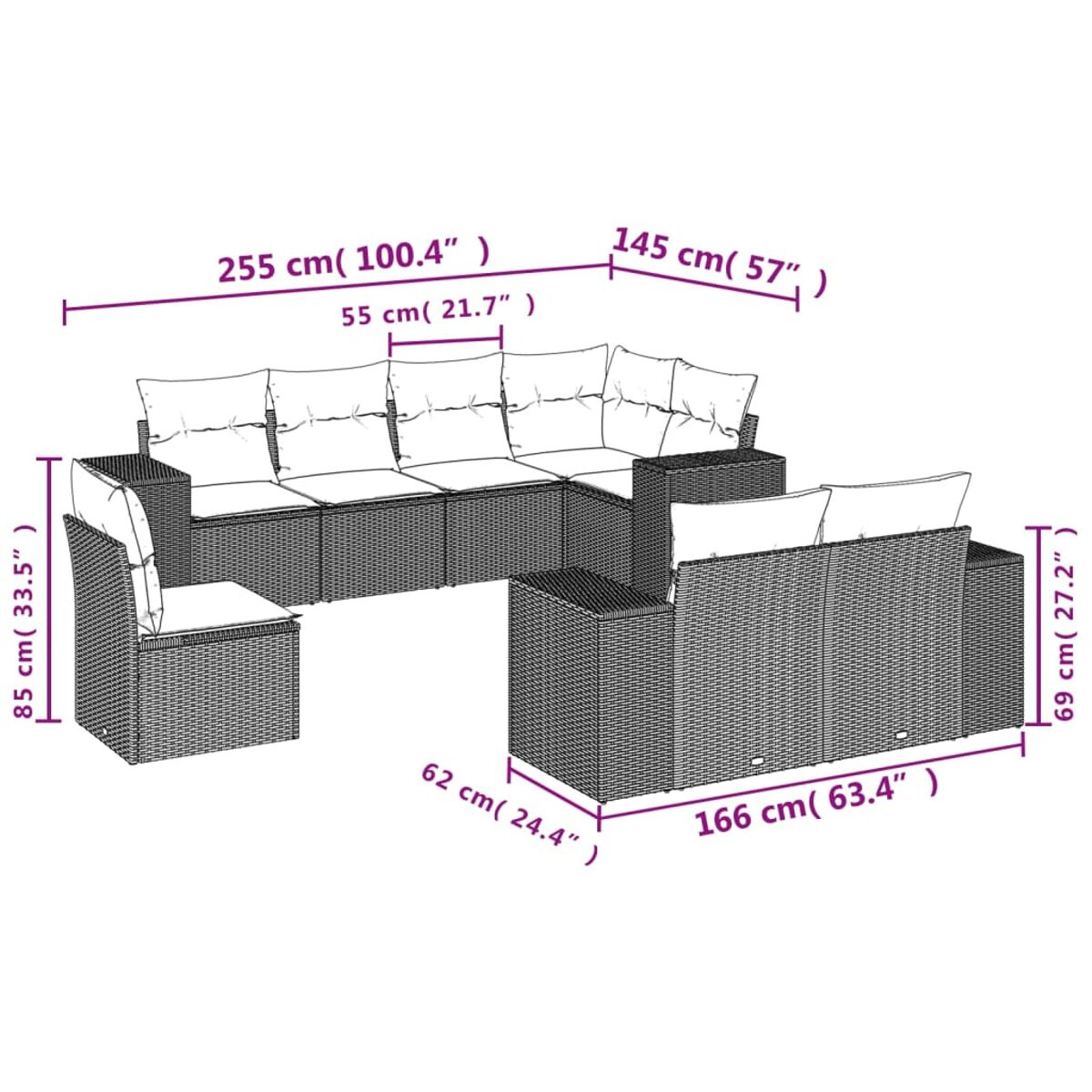 Set divano angolare in vimini da esterno con dimensioni. Include sedia, componibile, cuscini beige. Misure mostrate.