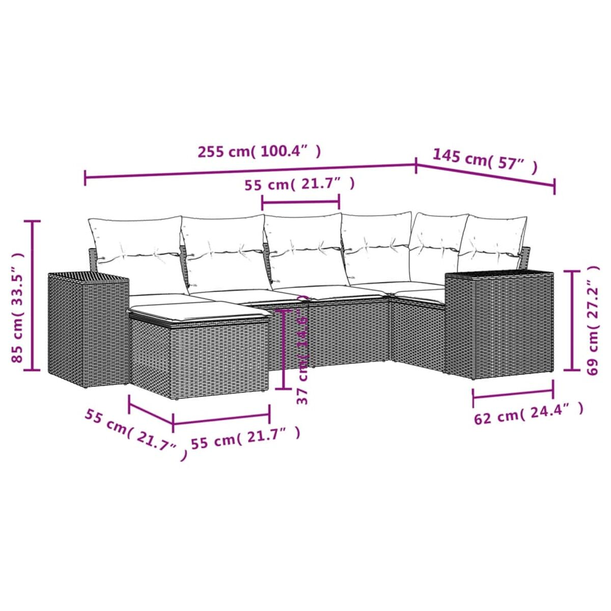 Set divano in vimini da esterno con cuscini, dimensioni etichettate. Struttura in vimini scuro.