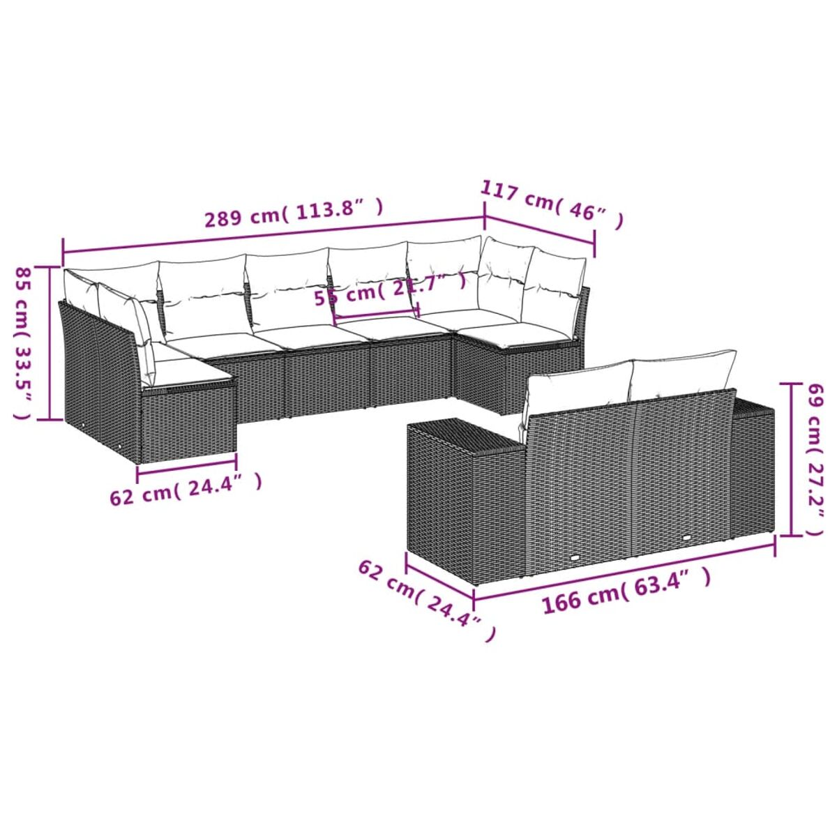 Diagramma di un divano componibile in vimini con dimensioni in cm e pollici, incluso un tavolino.