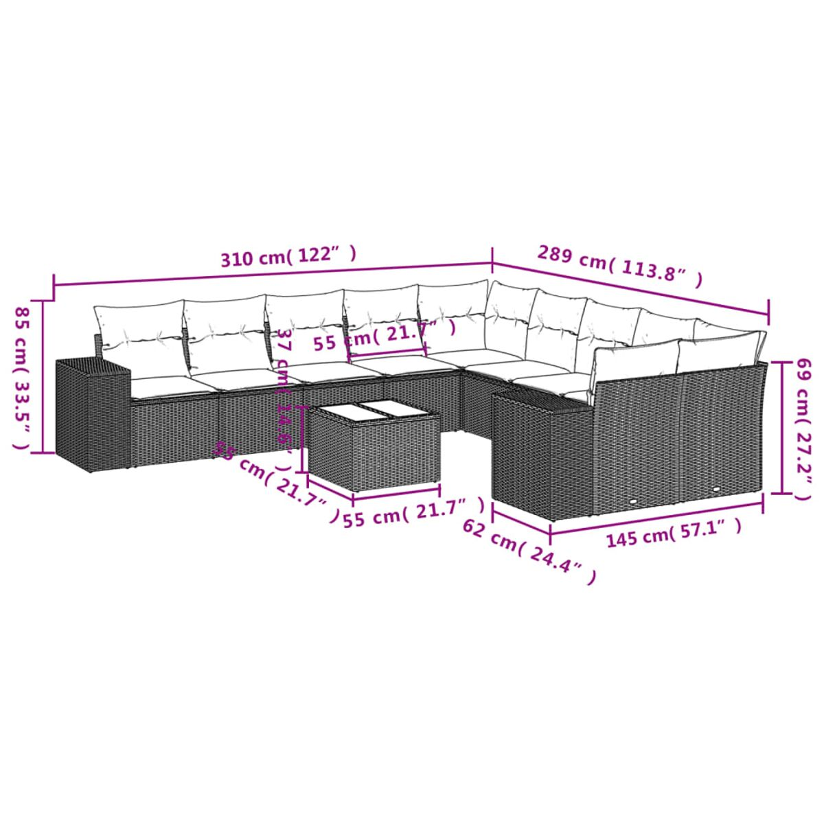 Divano componibile in rattan con dimensioni indicate. Include un tavolino. Configurazione a U.