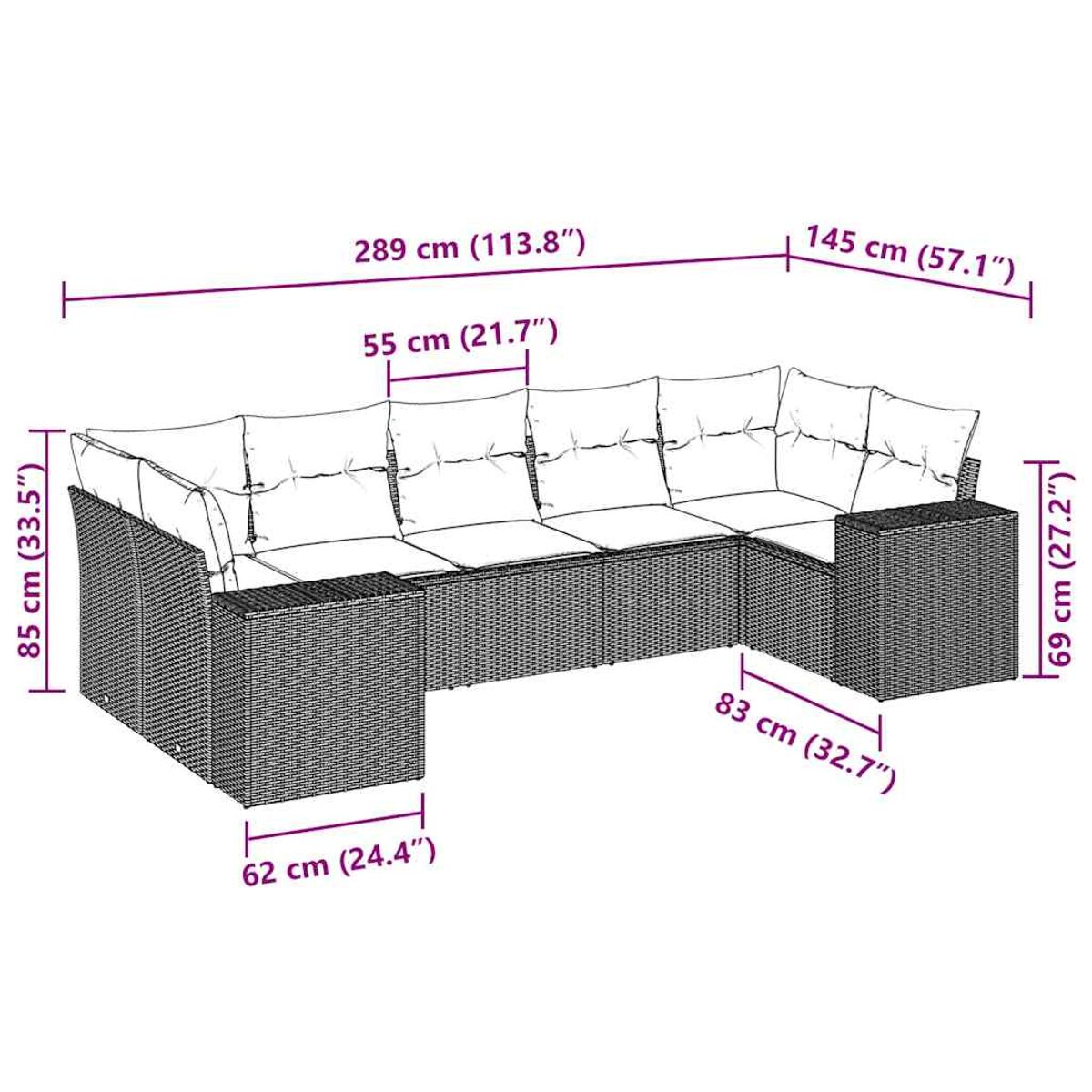 Diagramm eines Korbsessel-Sektionals mit Abmessungen. Die Maße sind in cm und Zoll angegeben.