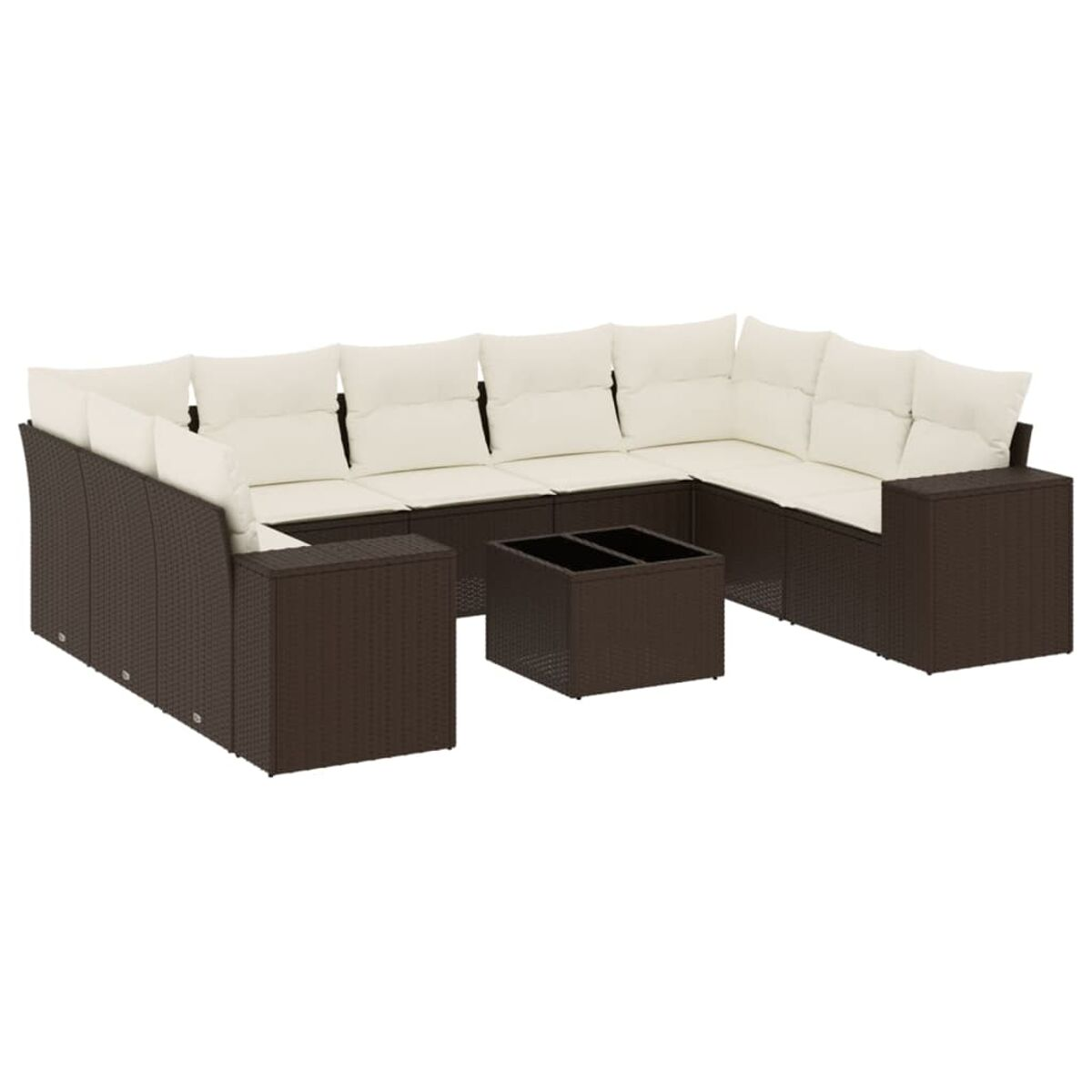 Divano angolare in rattan marrone con cuscini beige, tavolino, su sfondo bianco.