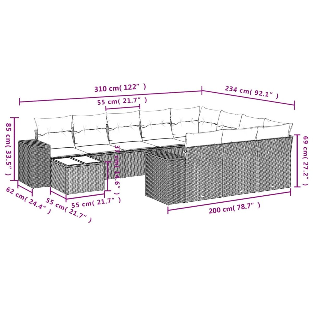 Diagramm eines Ecksofas aus Korbgeflecht mit Abmessungen in cm und Zoll.