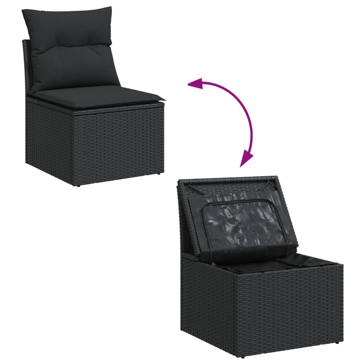 Sedia in vimini nera con cuscino, vano contenitore aperto. Freccia indica l'apertura. Sfondo bianco.