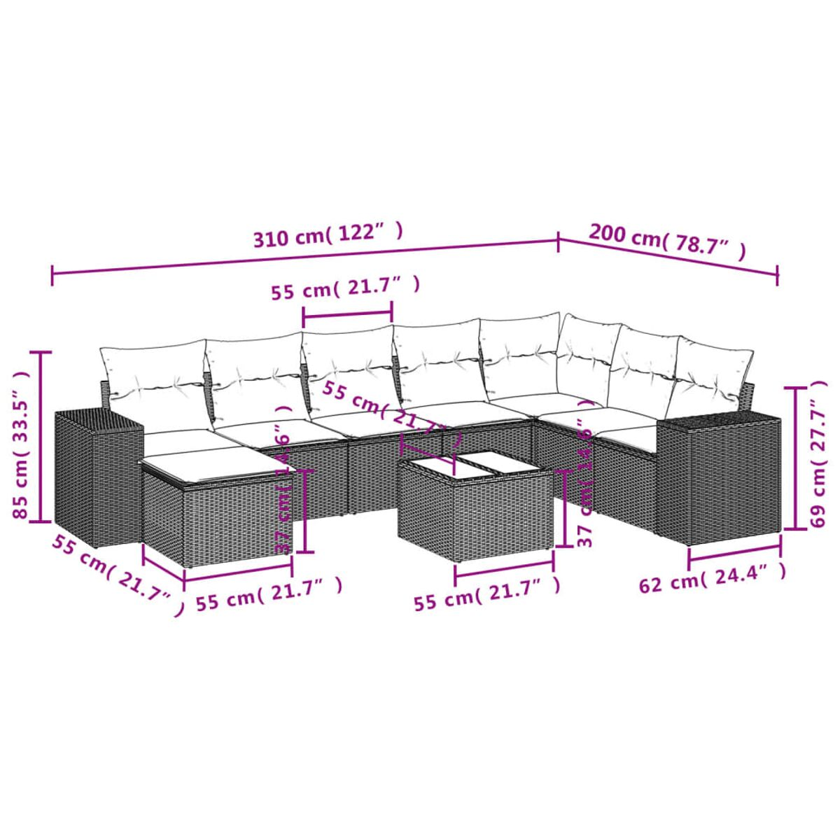 Diagramm eines großen Ecksofas aus Rattan mit weißen Kissen und einem Couchtisch, mit Maßen.