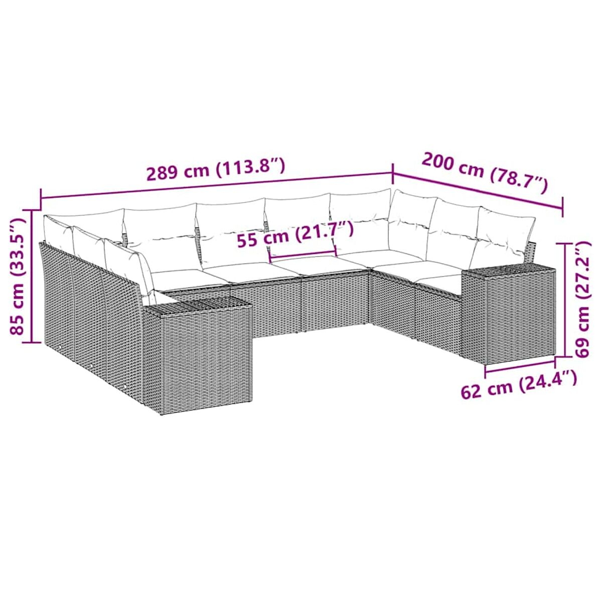 Diagramm eines grauen Korbsessel-Sofas mit Abmessungen in cm.