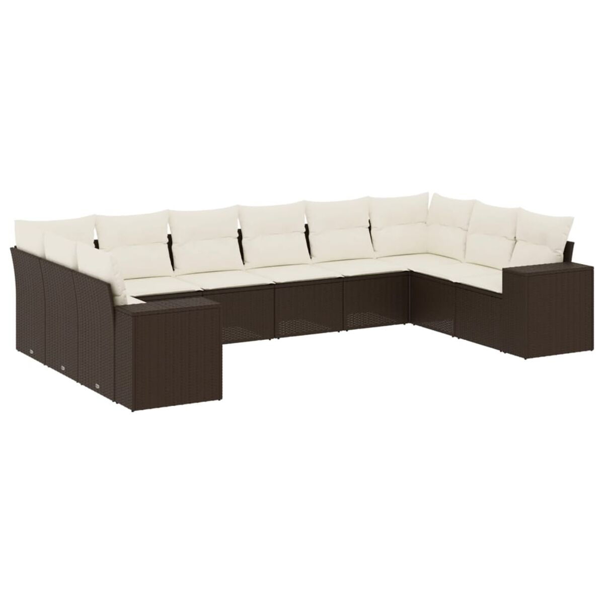 Divano angolare in rattan marrone con cuscini beige, tavolino, su sfondo bianco.