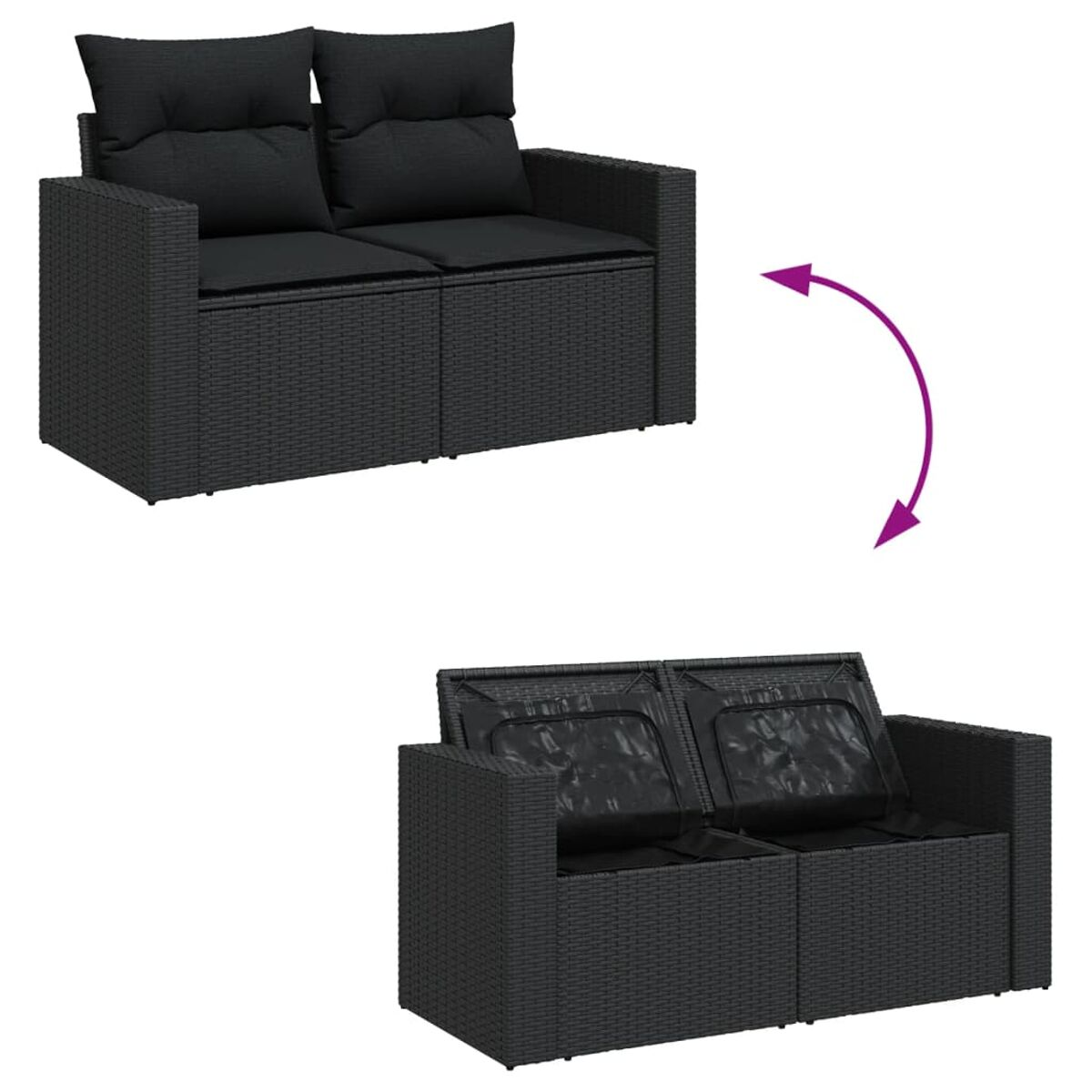 Schwarzes Korbmöbel mit Kissen. Pfeil zeigt die Umwandlung des Sofas in eine andere Konfiguration.