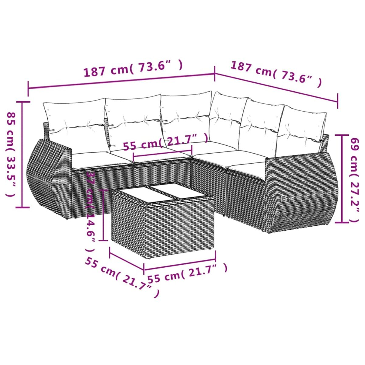 Sfondo bianco con dimensioni di un divano componibile e tavolo. Etichettato in centimetri e pollici.