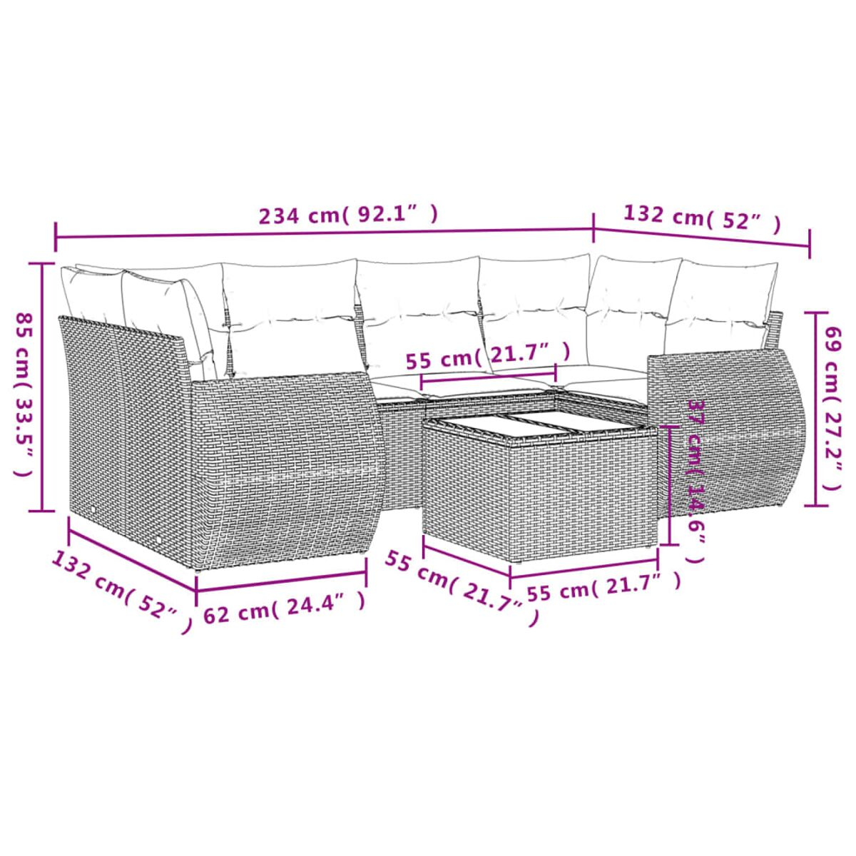 Diagramma di un divano componibile da esterno in vimini e un tavolo con dimensioni.