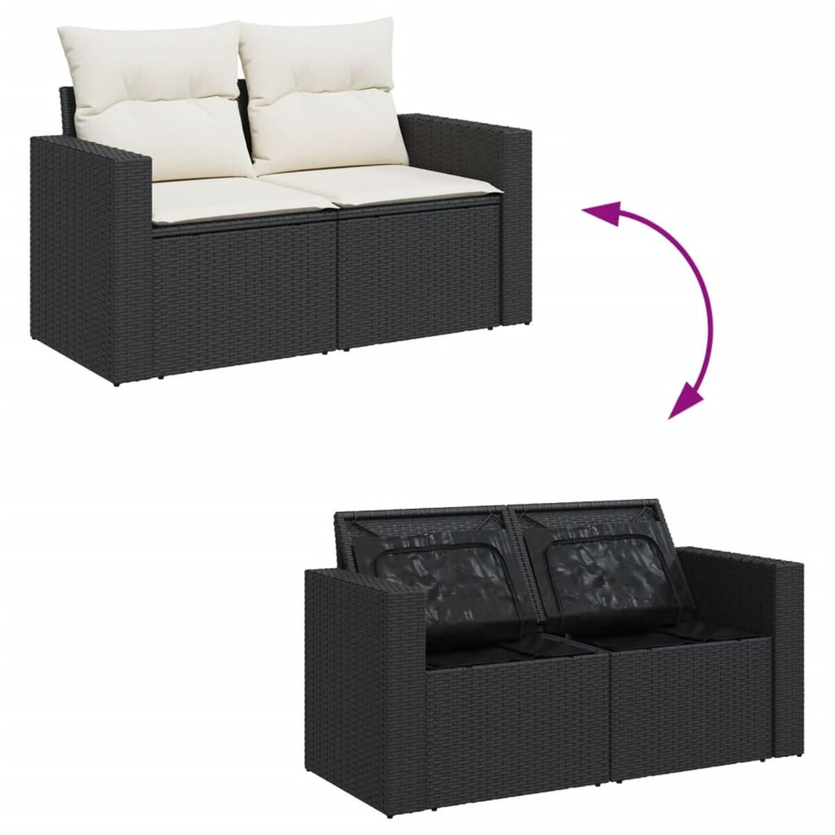 Dunkelgraues Rattan-Sofaset. Oben: Kissen auf Sitzen. Unten: Sitze offen, Stauraum sichtbar.