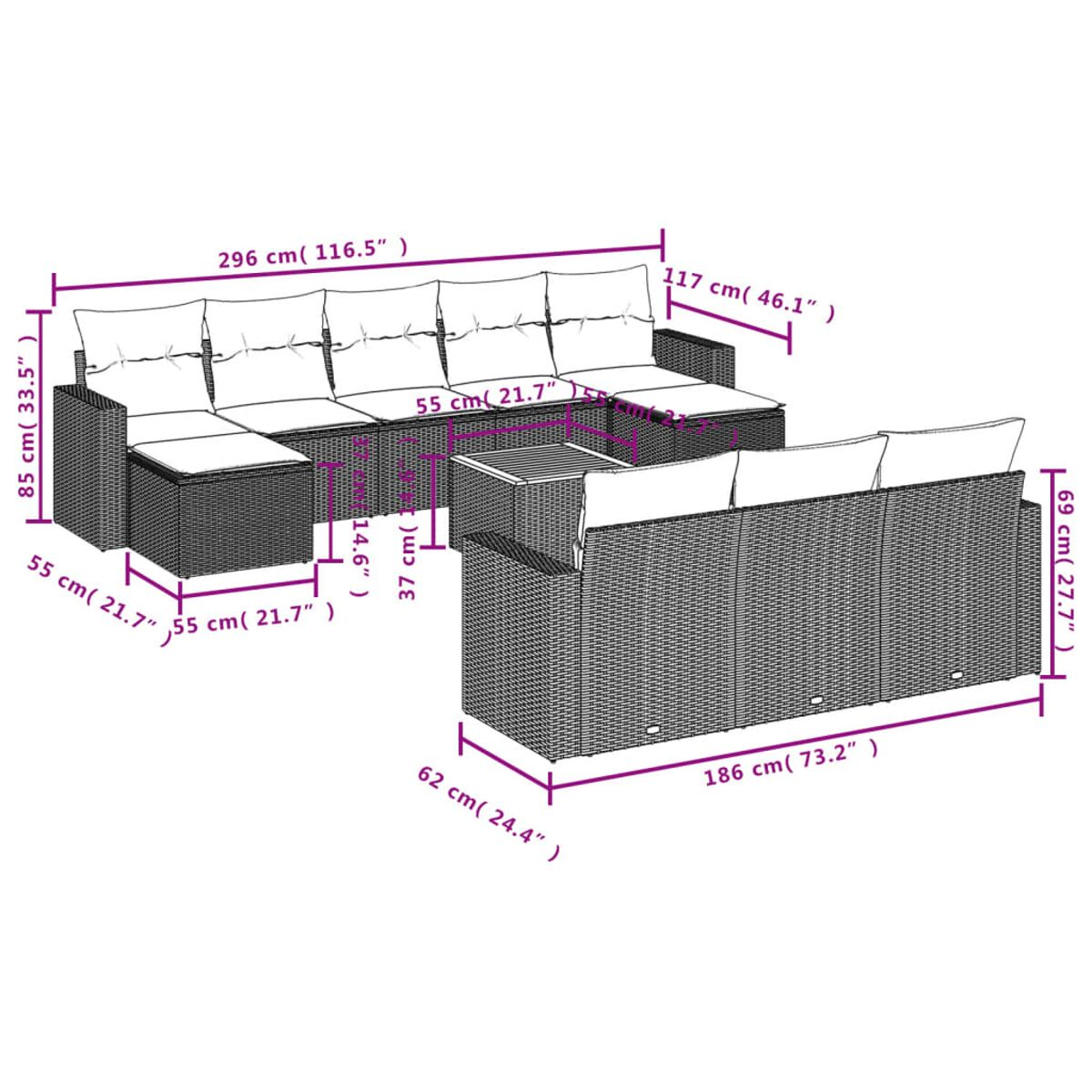 Ein Rattan-Sofaset mit Maßen. Enthält ein Ecksofa, ein Sofa und einen Couchtisch.