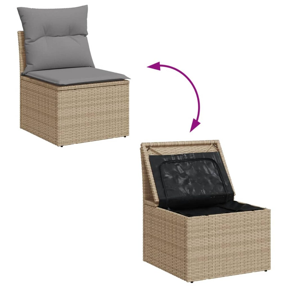 Zwei Bilder: ein Rattan-Stuhl mit Stauraum, mit geöffnetem und geschlossenem Sitz.