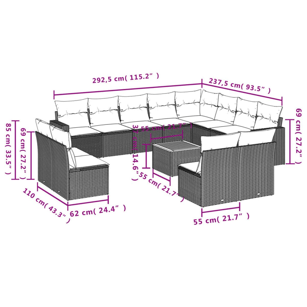 Diagramm eines Ecksofas mit Maßen, weißer Hintergrund. Details: Länge, Breite und Höhe in Zentimetern und Zoll.