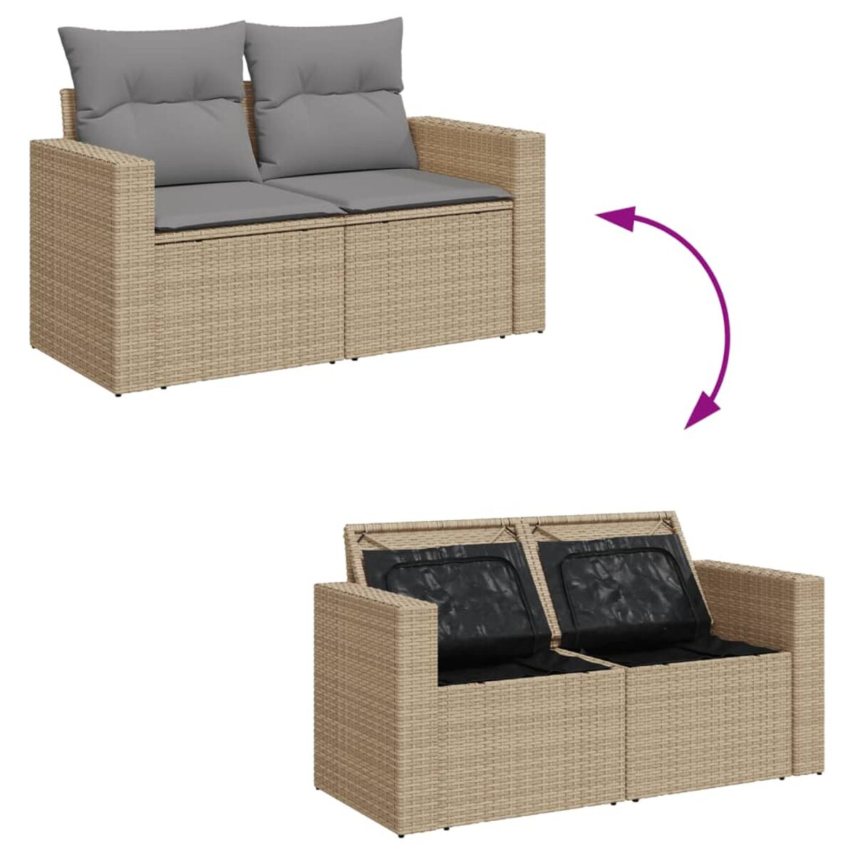 Beiges Rattansofa mit grauen Kissen. Das Sofa ist geschlossen und offen gezeigt, wodurch Stauraum freigelegt wird.