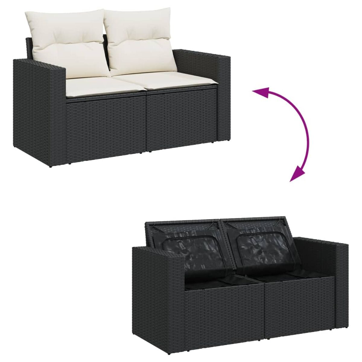 Ein schwarzes Rattansofa mit weißen Kissen. Oben das Sofa, unten der Stauraum.