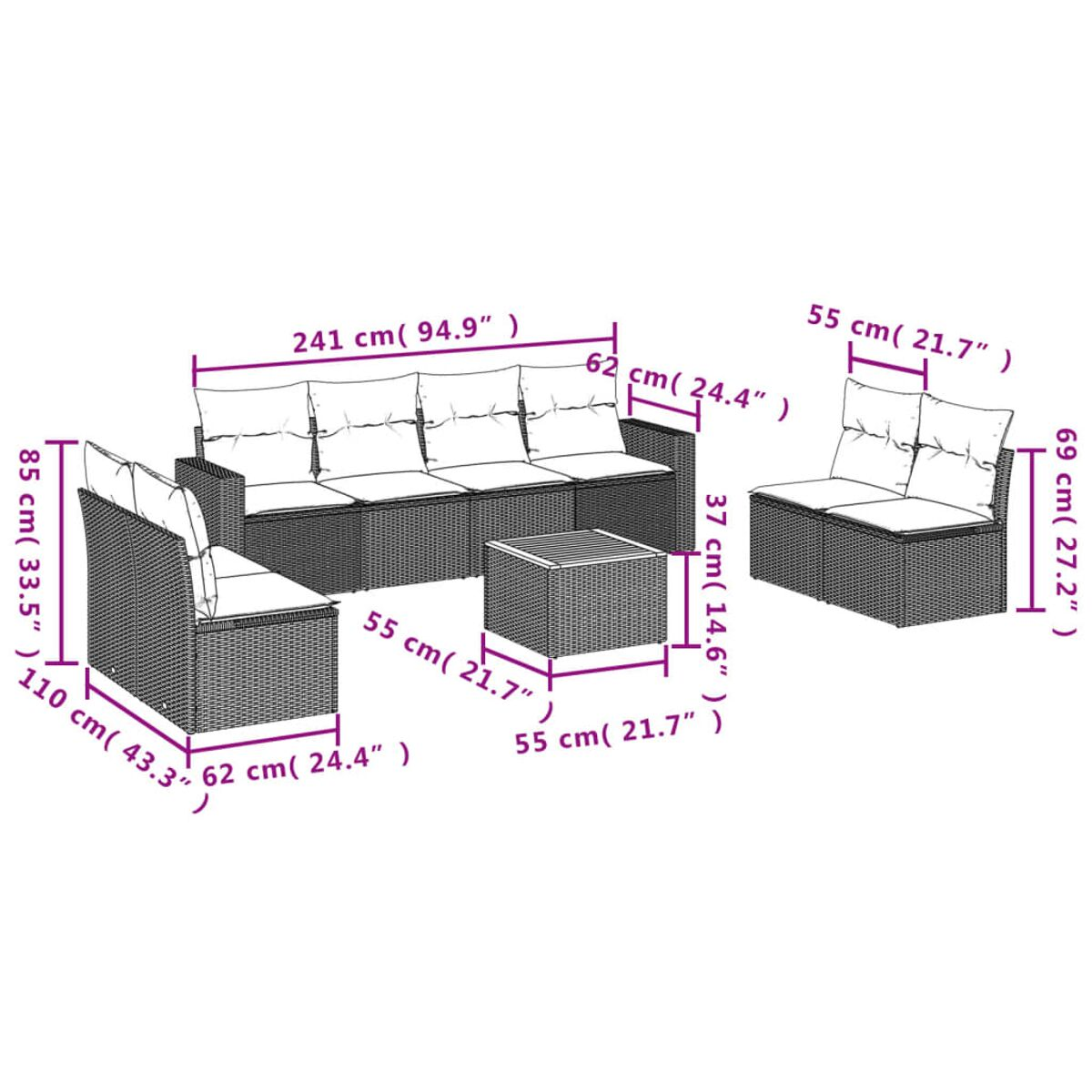 Diagramm eines Wicker-Ecksofas mit Abmessungen in cm und Zoll, einschließlich eines Couchtisches.