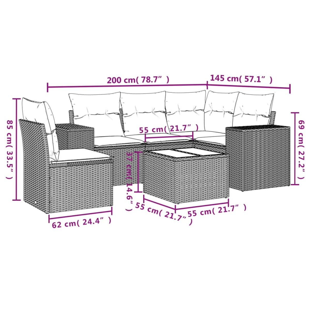 Set da esterno in vimini con dimensioni in cm. Include divano, sedia, tavolo e pouf.