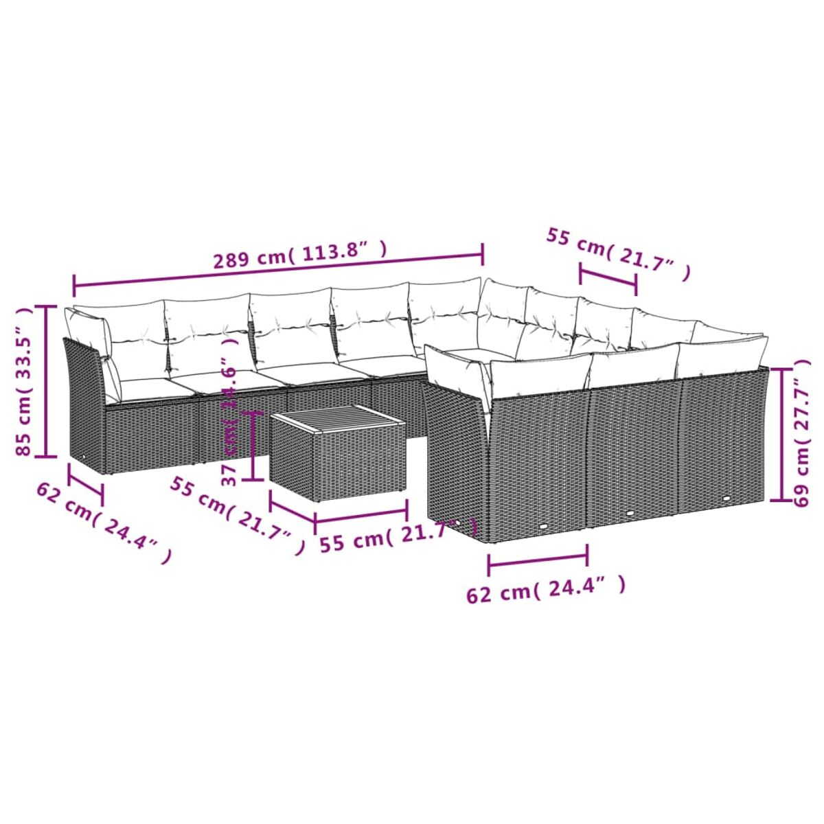 Outdoor-Ecksofa mit Maßen. Schwarzes gewebtes Material, weiße Kissen und ein passender kleiner Tisch. Weißer Hintergrund.