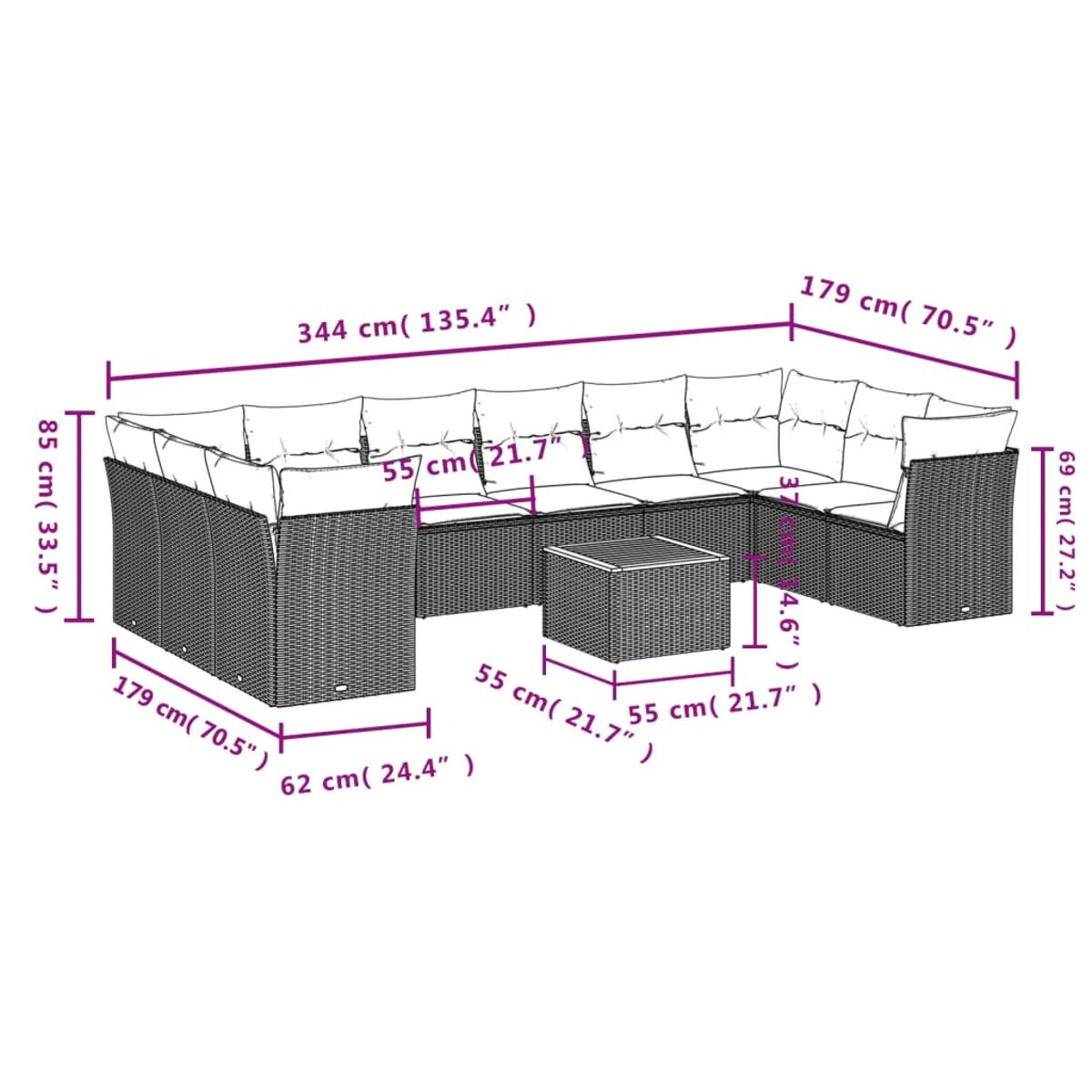 Diagramm eines Korbmöbel-Ecksofas mit Abmessungen. Gesamtlänge 344 cm, 85 cm hoch und 69 cm tief.