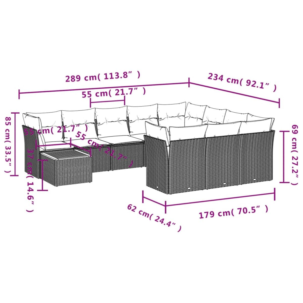 Diagramm eines Ecksofas mit Abmessungen in Zentimetern und Zoll. Graues Weidengeflecht mit weißen Kissen.