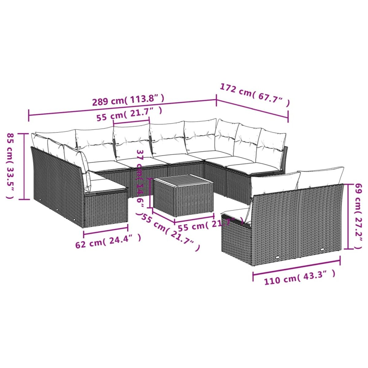 Geflochtenes Ecksofa-Set mit Kissen, einem quadratischen Tisch und Abmessungen in cm.